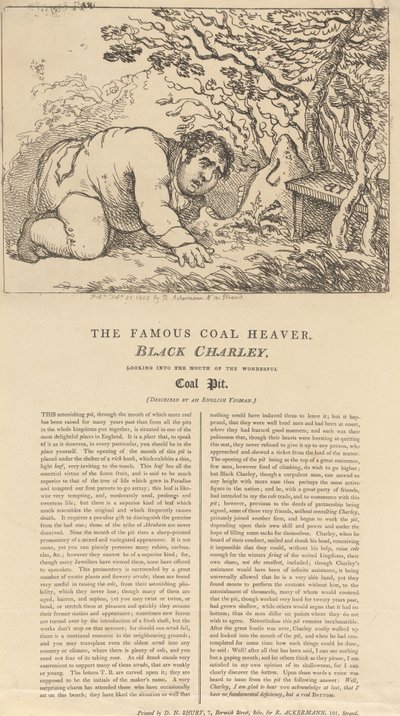 Den berømte sorte kulbærer, Black Charley, der ser ind i den vidunderlige kulgrubes munding af Thomas Rowlandson
