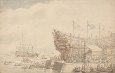 Søsætningen af H.M.S. »Hibernia« i 1804 af Thomas Rowlandson