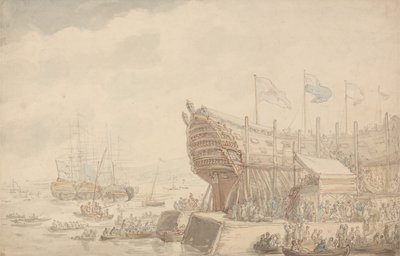 Lanceringen af H.M.S. Hibernia 1804 af Thomas Rowlandson
