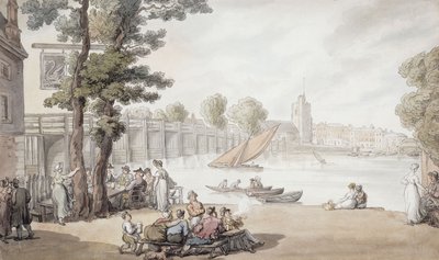 The Old Swan Inn, med udsigt over Putney bridge hinsides, af Thomas Rowlandson