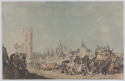 The Overdrove Ox (Den gale tyr på Westminster Bridge) af Thomas Rowlandson