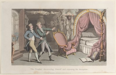 Profeten opdager sig selv og afslører bedraget, fra Journal of Sentimental T..., 1821. af Thomas Rowlandson