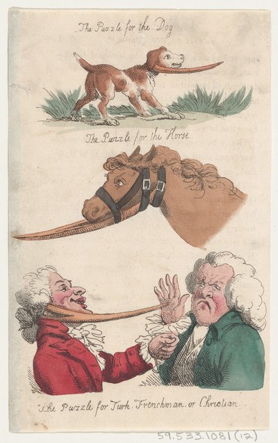 Puslespillet til hunden, puslespillet til hesten, puslespillet til tyrker, franskmand eller Chris..., 1808. af Thomas Rowlandson