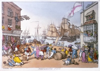 Distriktet Portsmouth, tegneserie, der beskriver aktiviteterne i denne engelske havn af Thomas Rowlandson