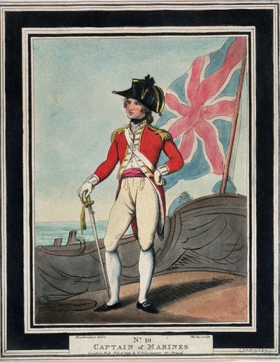 Flådekaptajnen i Royal Navy i det 18. århundrede. Radering i farver af Thomas Rowlandson