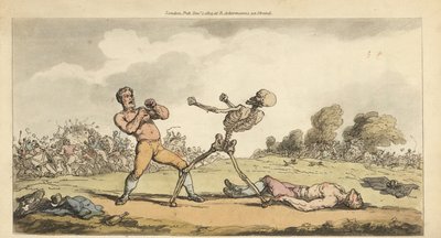 Skelettet af Døden bokser med en bareknuckle-præmiekæmper, mens en anden bokser ligger på jorden, og mængden flygter i rædsel. Håndfarvet kobberplade tegnet og graveret af Thomas Rowlandson fra The English Dance of Death, Ackermann, London af Thomas Rowlandson