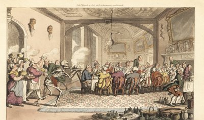 Dødens skelet bringer en fatal lækker ret til en frådsende fest i en storslået sal. Håndfarvet kobberplade tegnet og graveret af Thomas Rowlandson fra The English Dance of Death, Ackermann, London af Thomas Rowlandson