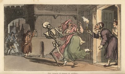 Dødens skelet bærer en Virago fra et hus, mens en nattevagt med lanterne ser på. Håndfarvet kobberplade tegnet og graveret af Thomas Rowlandson fra The English Dance of Death, Ackermann, London af Thomas Rowlandson