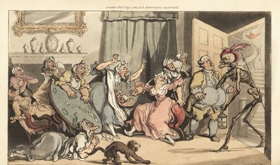 Dødens skelet kommer efter Miss Mustard, en af de gamle pigedamer, der spiller kort i en stue. Håndfarvet kobberplade tegnet og graveret af Thomas Rowlandson fra The English Dance of Death, Ackermann, London af Thomas Rowlandson