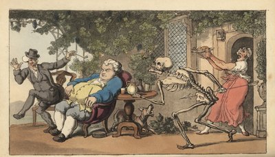 Dødens skelet kommer efter Tom Higgins, en murersvend, der er udløbet og venter på en ret uden for en kro. Håndfarvet kobberplade tegnet og graveret af Thomas Rowlandson fra The English Dance of Death, Ackermann, London af Thomas Rowlandson