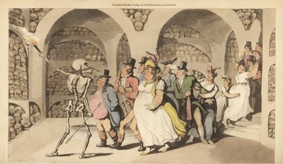 Dødens skelet leder en gruppe turister gennem katakomberne i Paris. Håndfarvet kobberplade tegnet og graveret af Thomas Rowlandson fra The English Dance of Death, Ackermann, London af Thomas Rowlandson
