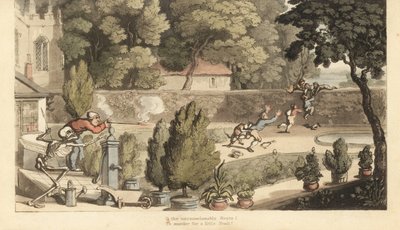 Dødens skelet hjælper en godsejer med at sigte med en musket på drenge, der krybskytter i hans have og forsøger at flygte over en mur. Håndfarvet kobberplade tegnet og graveret af Thomas Rowlandson fra The English Dance of Death, Ackermann, London af Thomas Rowlandson