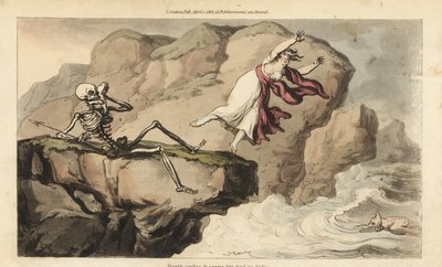 Dødens skelet holder et lommetørklæde til sin øjenhule, da en kvinde begår selvmord ud for en klippe for at slutte sig til sin druknede elsker. Håndfarvet kobberplade tegnet og graveret af Thomas Rowlandson fra The English Dance of Death, Ackermann, London af Thomas Rowlandson