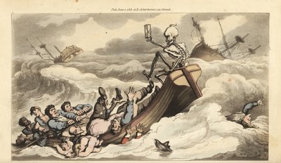 Dødens skelet holder roret på en robåd, der undslipper et skibsvrag, mens dens desparate besætning rækker mod kysten og passagerer drukner i bølgerne. Håndfarvet kobberstik tegnet og indgraveret af Thomas Rowlandson fra Den engelske dødedans, Ackermann af Thomas Rowlandson