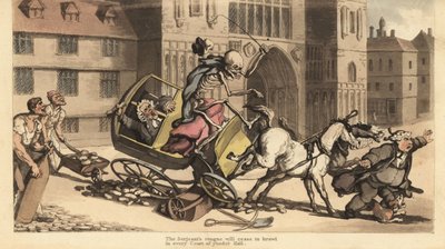 Skelettet af Døden i kappe og kasket driver en to-hestes vogn, da den styrter ind i vejarbejde og dræber hans passager, en retsbetjent. Håndfarvet kobberplade tegnet og graveret af Thomas Rowlandson fra The English Dance of Death, Ackermann, London af Thomas Rowlandson