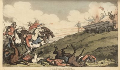 Dødens skelet affyrer en spærreild af kanonild mod et engelsk kavaleriangreb. Håndfarvet kobberplade tegnet og graveret af Thomas Rowlandson fra The English Dance of Death, Ackermann, London af Thomas Rowlandson