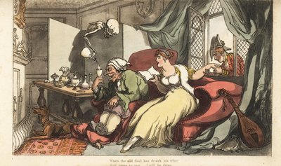 Dødens skelet skænker et fatalt glas vin til den gamle fjols Sir Peter på hans bryllupsrejse, mens hans unge kone Julia flirter med major Henry ved vinduet. Håndfarvet kobberplade tegnet og graveret af Thomas Rowlandson fra The English Dance of Death, A af Thomas Rowlandson