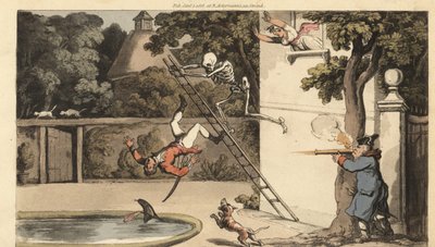Dødens skelet skubber en stige væk fra en væg og dræber en galant bejler, da han forsøger at stikke af med en skønhed. Pigens far skyder en musket mod den faldende mand. Håndfarvet kobberplade tegnet og graveret af Thomas Rowlandson fra The English Danc af Thomas Rowlandson