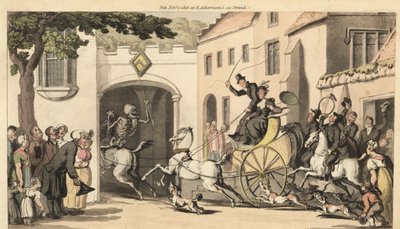 Dødens skelet kører foran en høj tandem, der bærer den næste arving til sin undergang under en lav bue. Håndfarvet kobberplade tegnet og graveret af Thomas Rowlandson fra The English Dance of Death, Ackermann, London af Thomas Rowlandson
