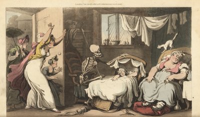 Dødens skelet vugger en babys vugge, mens barnepige sover, og den fortvivlede mor kommer hjem. Håndfarvet kobberplade tegnet og graveret af Thomas Rowlandson fra The English Dance of Death, Ackermann, London af Thomas Rowlandson