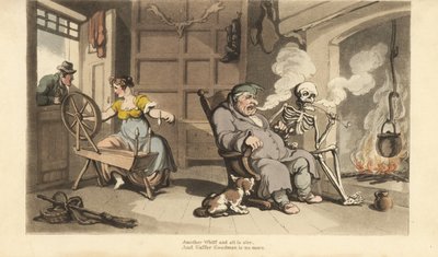 Dødens skelet ryger pibe ved pejsen med gamle Gaffer Goodman, mens hans unge kone bliver forført af en bejler ved vinduet. Håndfarvet kobberplade tegnet og graveret af Thomas Rowlandson fra The English Dance of Death, Ackermann, London af Thomas Rowlandson