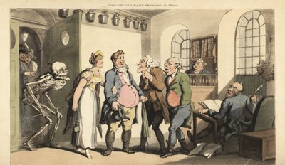 Dødens skelet overrasker Ned Freeman, da han besøger forsikringskontoret, og efterlader sin enke med en enorm sum. Håndfarvet kobberplade tegnet og graveret af Thomas Rowlandson fra The English Dance of Death, Ackermann, London af Thomas Rowlandson