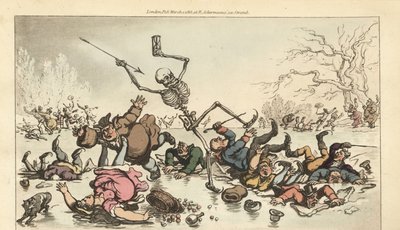 Dødens skelet med dart- og timeglasskøjteløb på en frossen dam, mens andre skatere falder gennem den knuste is. Håndfarvet kobberplade tegnet og graveret af Thomas Rowlandson fra The English Dance of Death, Ackermann, London af Thomas Rowlandson