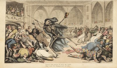 Dødens skelet med sin pil forårsager optøjer blandt harlekiner, jockeyer, nonner, tyrkere og fjols ved et maskeradebal. Håndfarvet kobberplade tegnet og graveret af Thomas Rowlandson fra The English Dance of Death, Ackermann, London af Thomas Rowlandson