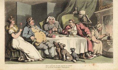 Skelettet af Døden med timeglas kommer til den syge mand, mens han spiser vælling ved spisebordet med sine drikkekammerater foran pejsen. Håndfarvet kobberplade tegnet og graveret af Thomas Rowlandson fra The English Dance of Death, Ackerman af Thomas Rowlandson