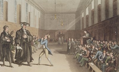 Den strenge præceptor, med sin truende gop, indkalder den kloge rettelse af stangen, fra A Compendious Treatise on Modern Education, 1802 (håndfarvet ætset plade) af Thomas Rowlandson