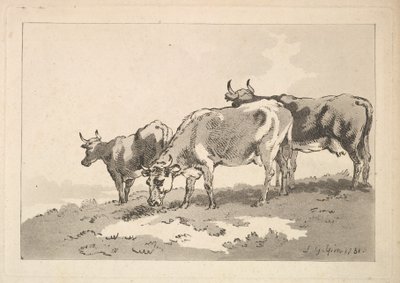 Tre køer stående på kanten af en mark, 1784-87. af Thomas Rowlandson