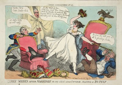 Tre uger efter ægteskabet, eller den store lille kejser, der spiller Bo-Peep, pub. 1810 (håndfarvet gravering) af Thomas Rowlandson