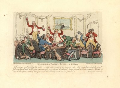 Træt og beruset mand til et hæsblæsende middagsselskab med rævejægere. af Thomas Rowlandson