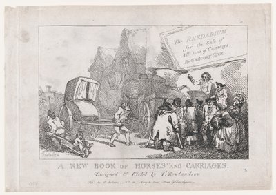 Titelside: En ny bog med heste og vogne, eller, Rhedarium til salg af alle slags..., 1784. af Thomas Rowlandson