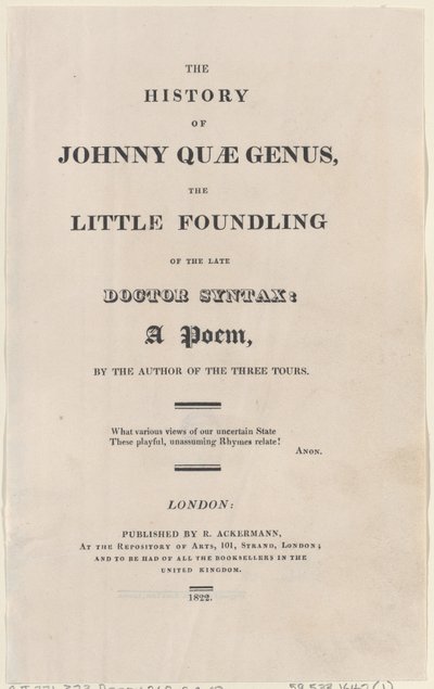 Titelside fra The History of Johnny Quae Genus, The Little Foundling of the Late Docto..., 1822. af Thomas Rowlandson