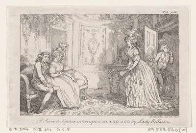 Tom Jones & Sophia afbrød i en tete en tete af Lady Bellaston, fra The History of To..., 1792. af Thomas Rowlandson