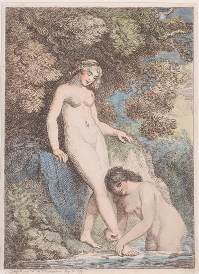 To nymfer badende, den ene vasker den andens fod, 20. maj 1799., 20. maj 1799. af Thomas Rowlandson