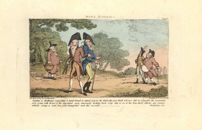 To Regency-herrer, der skal udkæmpe en duel med pistoler. af Thomas Rowlandson