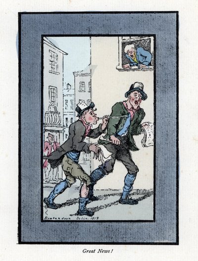 To avishandlere med lange fløjter, der sælger aviser i en gade i London. Træstik, baseret på et maleri af Thomas Rowlandson (1756-1827), udgivet i The Cris of London: med seks charmerende børn og næsten 40 illustrationer, af Andrew Tuer, af Thomas Rowlandson