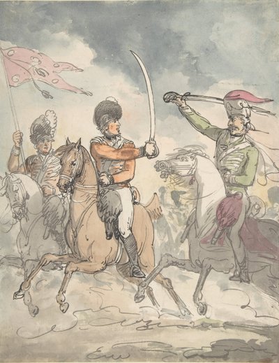 Ubrugt undersøgelse for en tallerken til Ungarsk og Highland Broadsword Exercise 12. februar 1799, ca. 1799. af Thomas Rowlandson.