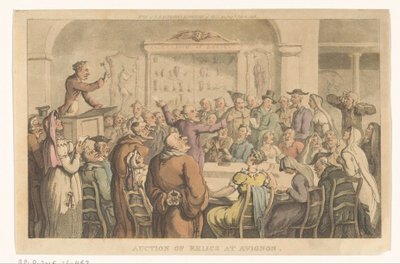 Veiling van relieken te Avignon Auktion over relikvier i Avignon (titel på objekt) af Thomas Rowlandson