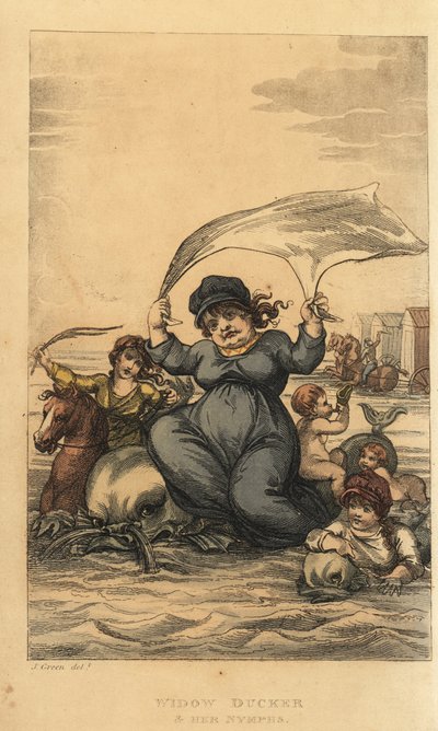 Enken Ducker og hendes nymfer. Kvinde og børn bader i havet med delfiner og bademaskiner. Håndfarvet kobberstik af Thomas Rowlandson efter en skitse af J. Green fra Poetical Sketches of Scarborough, Ackermann, London af Thomas Rowlandson