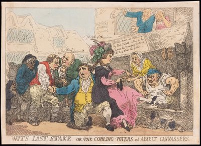 Wits Last Stake, eller The Cobling Voters and Abject Canvassers, pub. (håndfarvet gravering) af Thomas Rowlandson