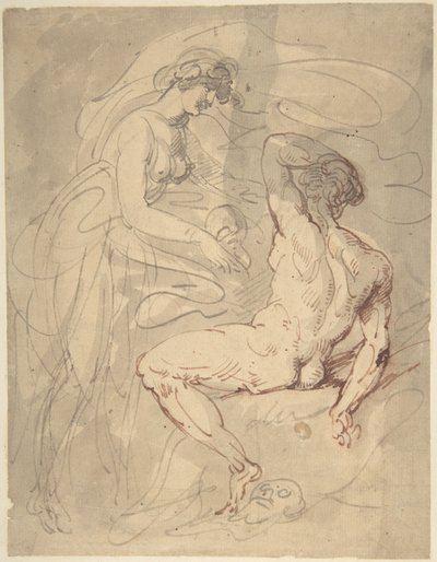 Kvinde, der taler med en siddende mandlig nøgenmodel af Thomas Rowlandson