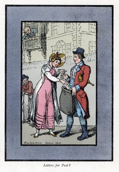 Kvinde betaler og lægger et brev i en taske båret af en ansat i det britiske kongelige postkontor. Træstik, baseret på et maleri af Thomas Rowlandson (1756-1827), udgivet i The Cris of London: med seks charmerende børn og næsten 40 illustrationer, af An af Thomas Rowlandson