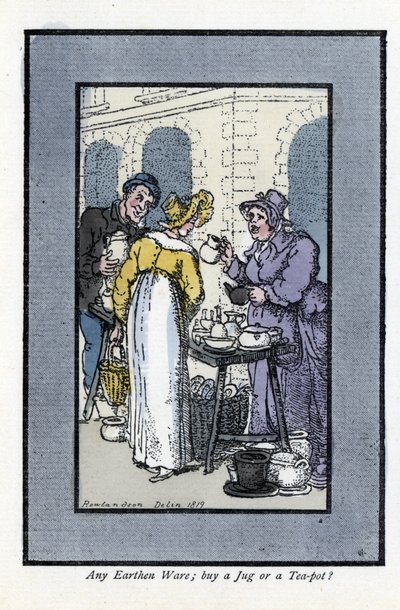 Kvinde, der sælger kander, tekander og skåle, har et gadehjørne. En elegant ung kvinde ser på varerne. Træstik, baseret på et maleri af Thomas Rowlandson (1756-1827), udgivet i The Cris of London: med seks charmerende børn og næsten 40 illust. af Thomas Rowlandson