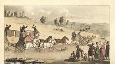 Unge engelske herrer racerløb med fire-hestes vogne på en vej af Thomas Rowlandson