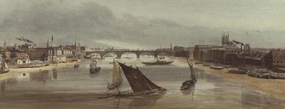 London Bridge fra Southwark Bridge (monument til venstre) af Thomas Shotter Boys
