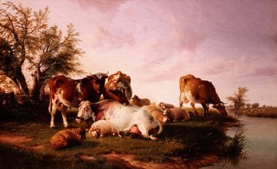 Får og kvæg græsser ved en flodbred af Thomas Sidney (after) Cooper