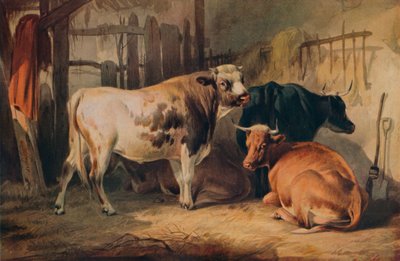 En tyr og tre køer i en stald, c1856 af Thomas Sidney Cooper